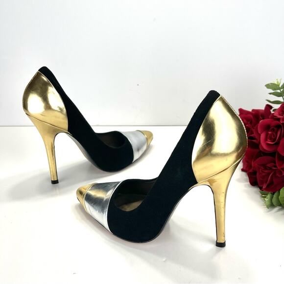 Marissa Webb Stiletto Heel Pump Size 8 Black Gold & Silver Leather Pointed-Toe - Picture 2 of 16